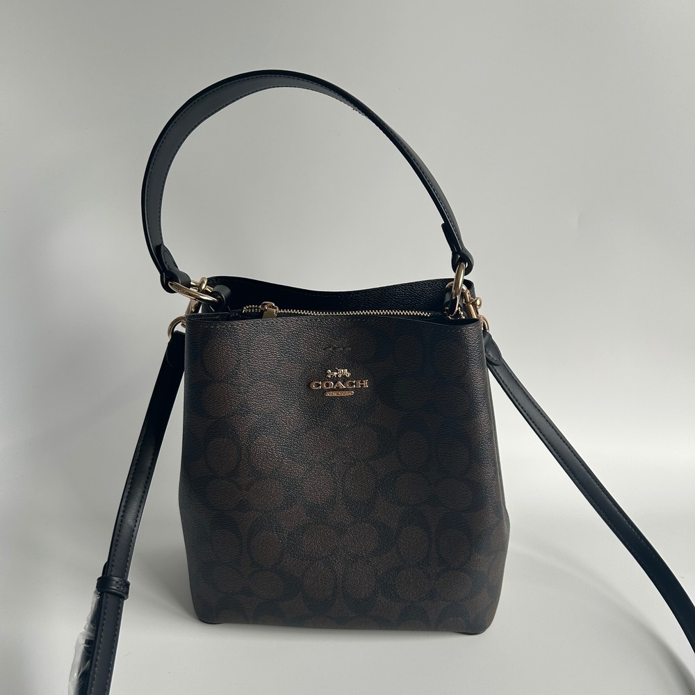 Coach Small Town Bucket Bag Brown Signature Canvas Leather Handbag Excellent